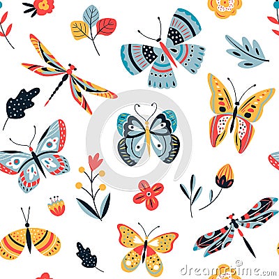 Butterfly pattern. Flying butterflies moths and summer flowers. Seamless fashion trendy fabric texture. Vector wallpaper Vector Illustration