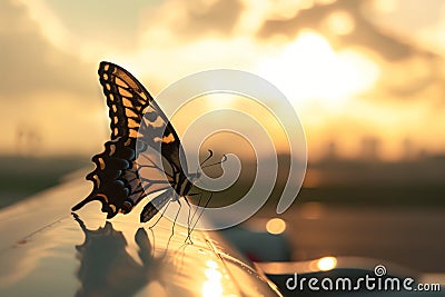 butterfly perched on an airliners wingtip Stock Photo