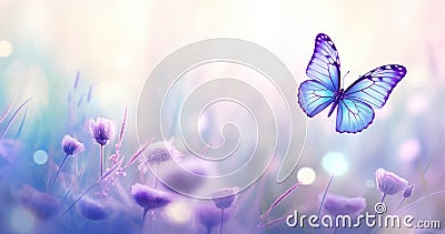 Butterfly on purple meadow. Illustration AI Generative Stock Photo