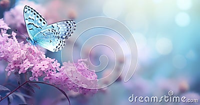 Butterfly on purple meadow. Illustration AI Generative Stock Photo