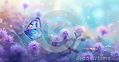 Butterfly on purple meadow. Illustration AI Generative Stock Photo