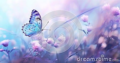 Butterfly on purple meadow. Illustration AI Generative Stock Photo