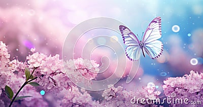 Butterfly on purple meadow. Illustration AI Generative Stock Photo