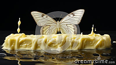 Butterfly's Delicate Predicament: Caught in a Pool of Molten Butter Stock Photo