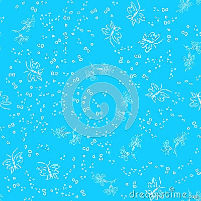 Butterfly seamless outline vector in line art style on blue background. Line art butterfly. Cartoon animals, flowers and dots. Stock Photo