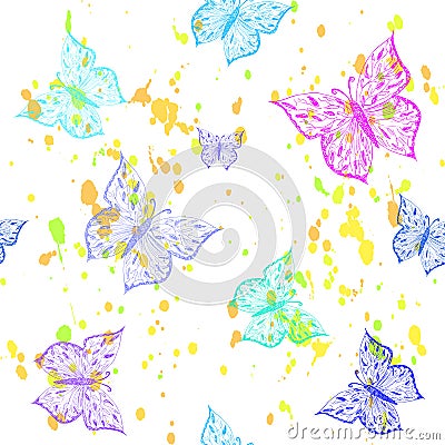 Butterfly seamless pattern. Ornamental hand drawn sketched colorful vector illustration, isolated on white background Vector Illustration