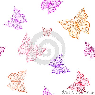 Butterfly seamless pattern. Ornamental hand drawn sketched colorful vector illustration, isolated on white background Vector Illustration