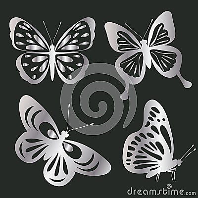 butterfly silver silhouette, on a black background, isolated Vector Illustration