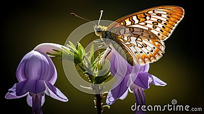 Butterfly In Purple Flower: Intense Lighting, Hdr, Northern Renaissance Inspired Stock Photo