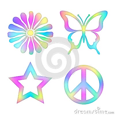 Butterfly, star, flower, pease sign with holographic effect. Vector Illustration