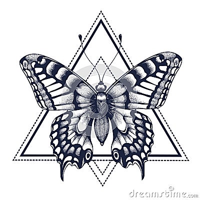 Butterfly tattoo. Dotwork tattoo. Graphic arts. Butterfly in triangle, geometry. Mystical symbol of freedom, nature, air Stock Photo