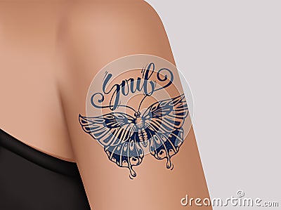 Butterfly Tattoo on female shoulder. Mystic butterfly tattoo with calligraphy Soul. Vector Illustration