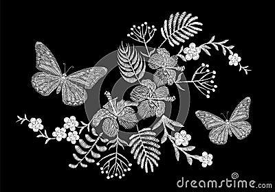 Butterfly tropical embroidery flower arrangement. Exotic palm plant blossom summer jungle. Fashion print textile patch. Hawaii hib Cartoon Illustration