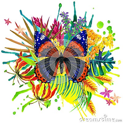Butterfly, tropical leaves and exotic flower Stock Photo