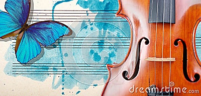 Butterfly, violin and notes. Blue morpho butterfly and violin. Melody concept. Photo of old music sheet in blue watercolor paint. Stock Photo