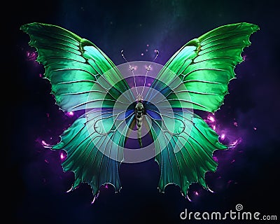 The butterfly's magical artifact: stillness in green and purple Stock Photo