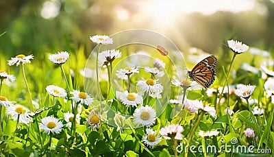 Butterfly on wild white violet flowers in grass in rays of sunlight, macro. Spring summer fresh artistic image of beauty morning Stock Photo