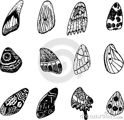 Butterfly wings set. Graphic doodle ink art. Isolated elements. Vector Illustration