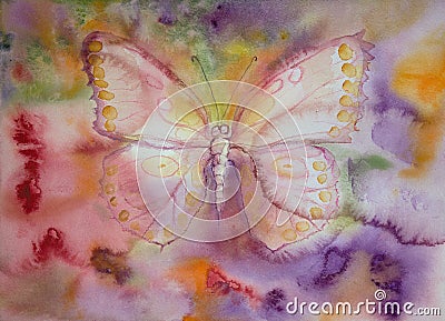 Butterfly with yellow dotted wings flying over a multicolored landscape. Stock Photo
