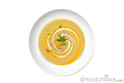 Butternut Squash Soup On White Plate On A White Background Stock Photo