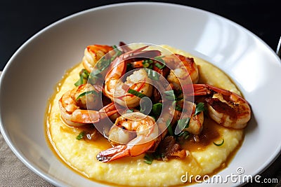 Buttery and Cheesy Shrimp and Grits with a Dash of Paprika Stock Photo