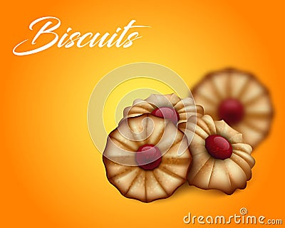 Buttery cookies with red jam on bright orange and yellow background Vector Illustration