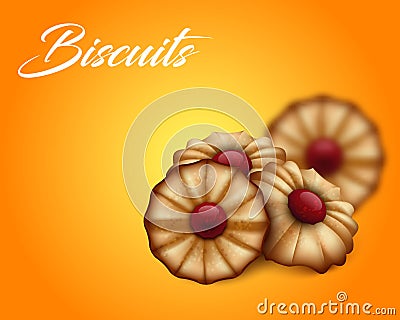 Buttery cookies with red jam on bright orange and yellow background. Vector Illustration