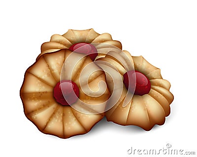 Buttery cookies with red jam isolated on white background. Vector Illustration
