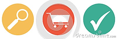 Button Banner: Supermarket or shop with magnify and check mark Stock Photo