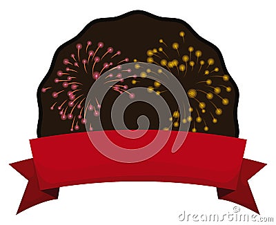 Button with fireworks display and red empty ribbon, Vector Illustration Vector Illustration