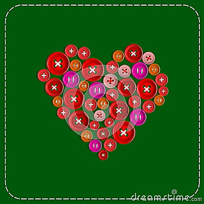 Button-heart. Background picture. Red to green. Plastic buttons sewn with white thread. Vector . Vector Illustration