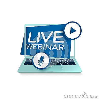 Button with laptop Live Webinar. Cartoon Illustration