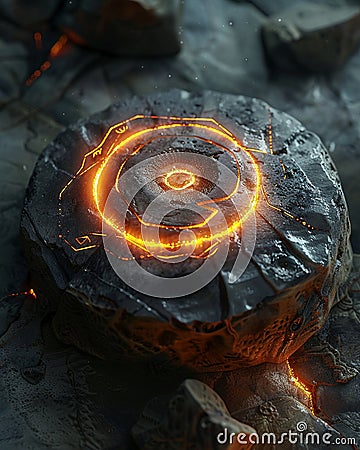 A button made of enchanted stone, glowing with runes that activate with the users touch, unlocking hidden functionalities , no Stock Photo