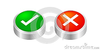 Button push 3d checkmark and x or confirm and deny for apps and websites, icon 3d checkmark choice, checkbox button for push Vector Illustration