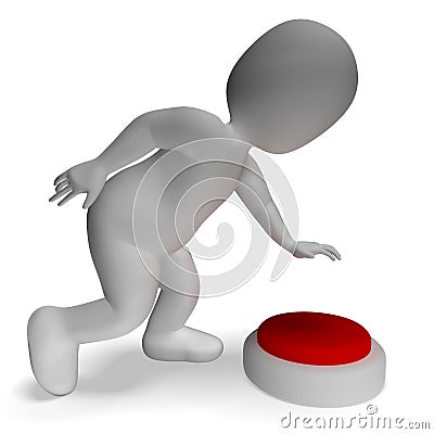 Button Pushed By 3d Man Showing Start Or Control Stock Photo