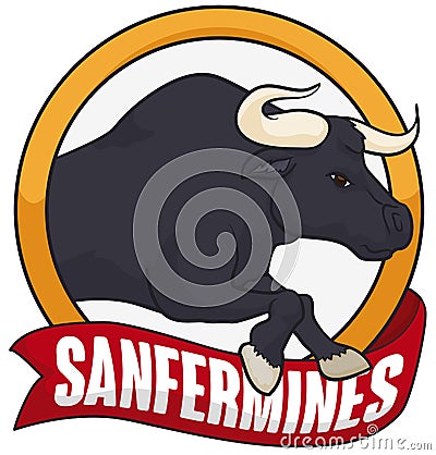 Button and Ribbon with Bull Running in Encierros of Sanfermines, Vector Illustration Vector Illustration