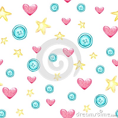 Seamless hand drawn pattern with buttons, stars and hearts Stock Photo