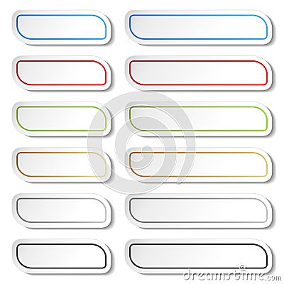 Buttons. Black, green, blue, golden, grey and red lines on white simple stickers, rectangle with rounded corners. Vector Illustration