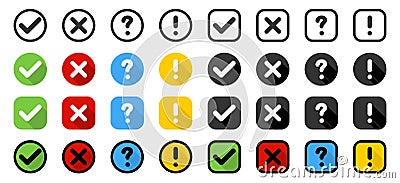 Buttons. Check mark and cross with question and exclamation signs, isolated. Signs collection in circle and square with shadow in Vector Illustration