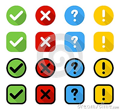 Buttons. Check mark and cross with question and exclamation signs, isolated. Signs collection in circle and square with shadow in Vector Illustration