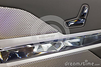 Buttons and elements on the door of a bright interior interior of a luxury Mercedes-Benz S-Class w223. Editorial Stock Photo