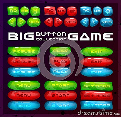 Buttons for game user interface. Concept designed glossy and bright menu elements. Vector Illustration