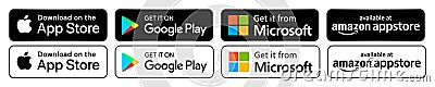 Buttons Google Play Store, Amazon App Store, Apple App Store, Microsoft, download App buttons on isolated background. Editorial Vector Illustration