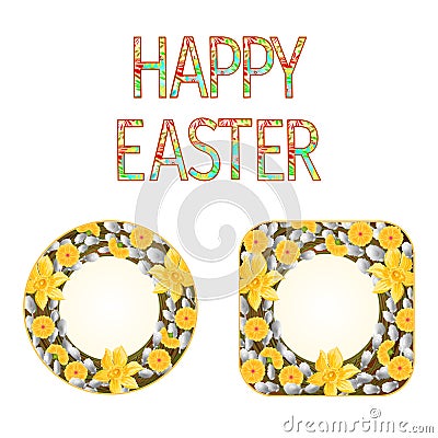 Buttons Happy easter daffodil with willow vector Vector Illustration