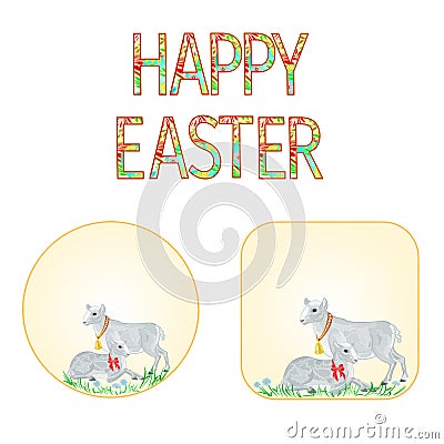 Buttons Happy easter lamb and sheep with spring flowers vector Vector Illustration