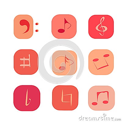 buttons with notes and musical symphols in coral colors Vector Illustration