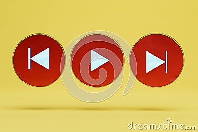 buttons to control watching videos and listening to music. Play and rewind buttons on a yellow background. 3D render Stock Photo
