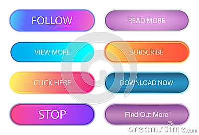 Buttons UI, UX, and WEB design set. Trendy gradients buttons with shadow. Follow, subscribe, download now, read more Vector Illustration