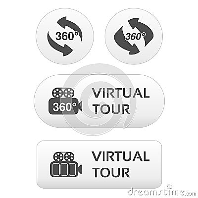 Buttons for virtual tour, white labels - stickers with arrows and camera Vector Illustration