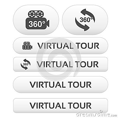 Buttons for virtual tour, white labels - stickers with arrows and camera Vector Illustration